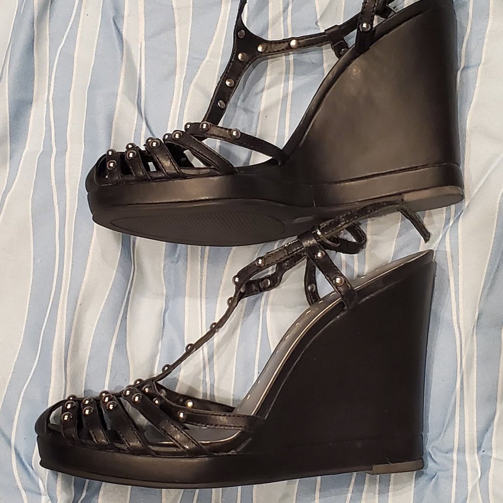 BCBGirls Black Strappy Wedge Sandals NWOB